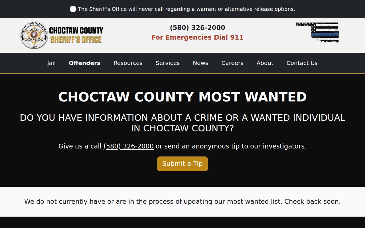 Choctaw County Most Wanted List official empty-state page