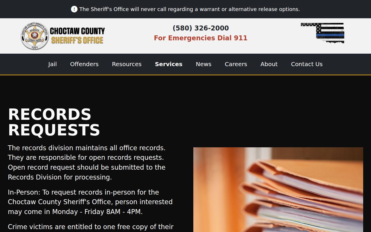 Choctaw County outstanding warrants records request instructions