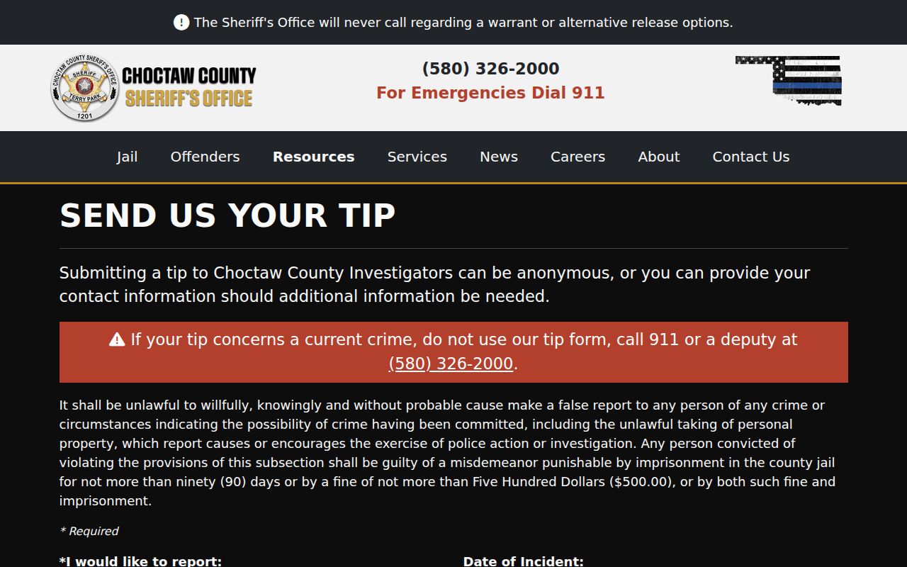 Choctaw County Most Wanted List anonymous tip fields